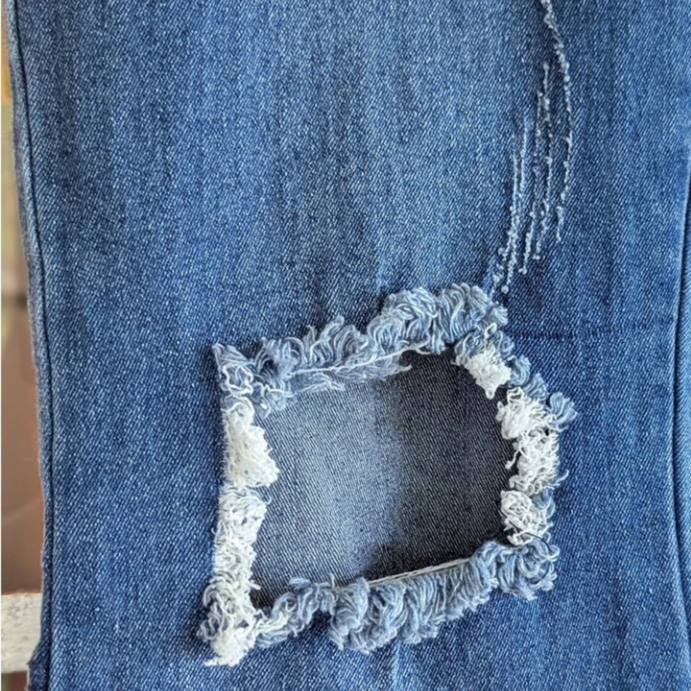Kira Kira Large Denim Distressed Flare Bell Bottom blue jeans Bohemian Hippie - Picture 7 of 14
